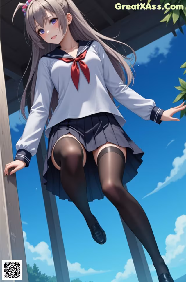 A girl in a school uniform is sitting on a pole.