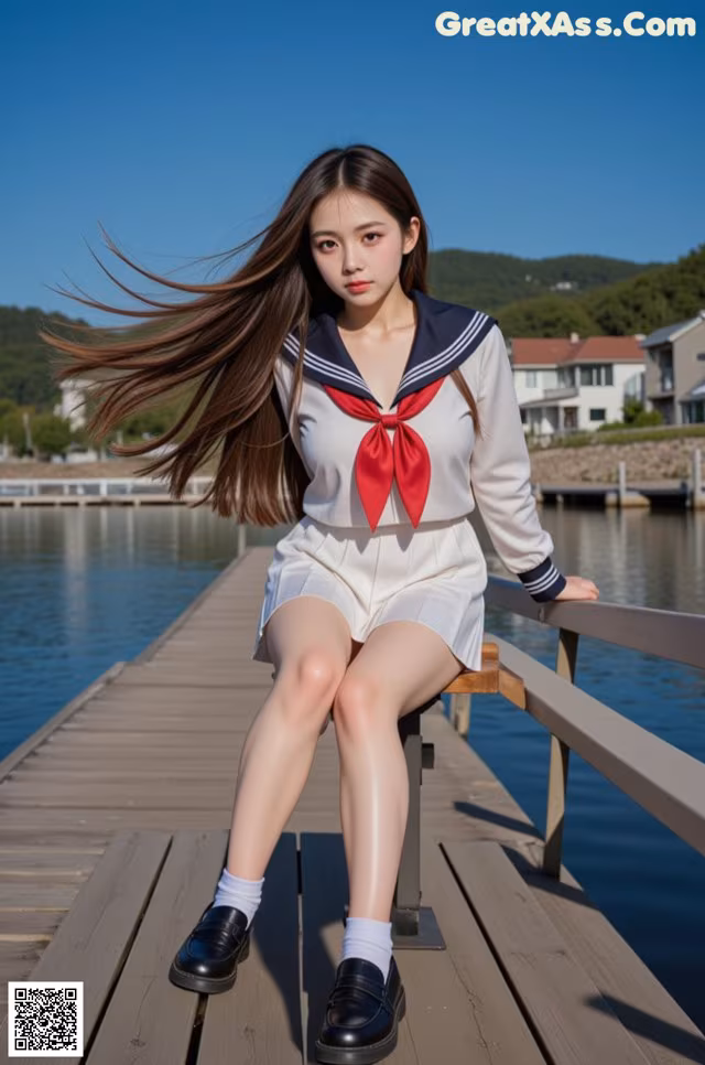 A woman in a sailor outfit sitting on a dock.