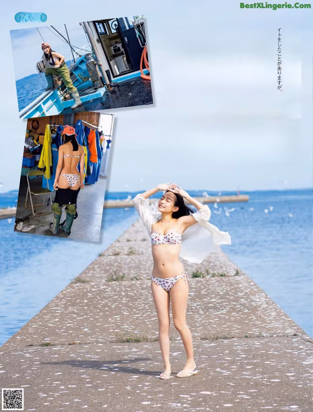 A woman in a bikini standing on a pier.