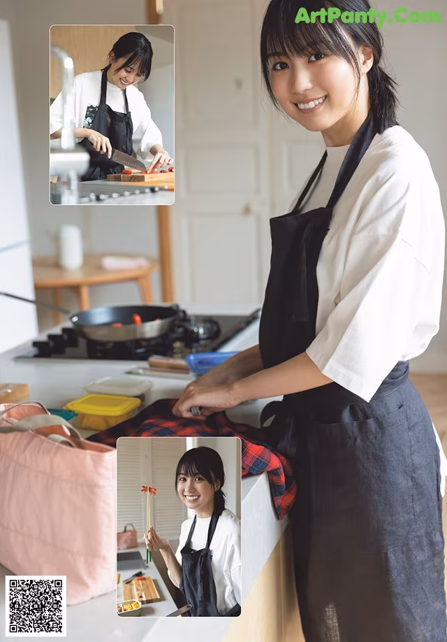 A woman in an apron preparing food in a kitchen.