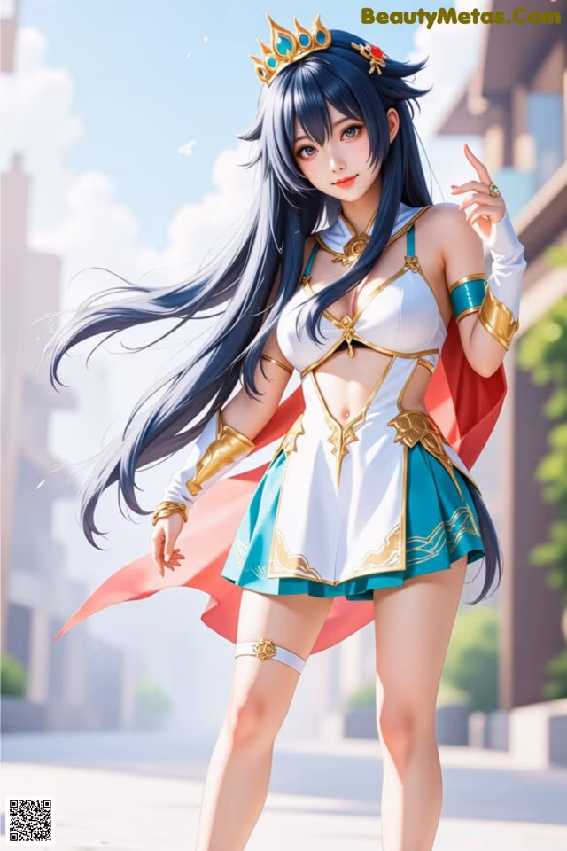 A woman in a white and blue outfit with a crown on her head.