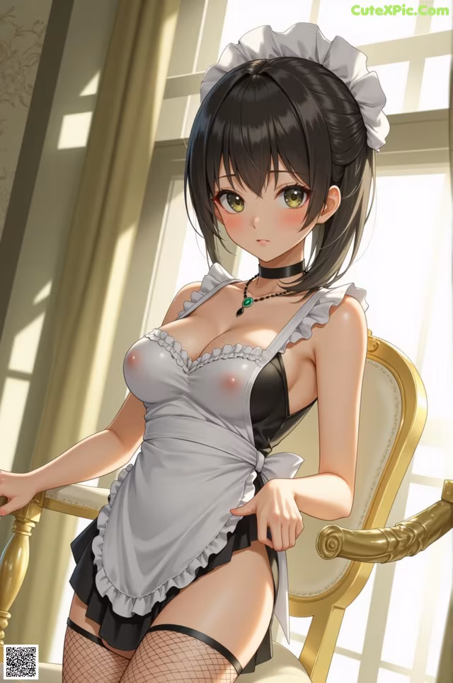A woman in a maid outfit sitting on a chair.