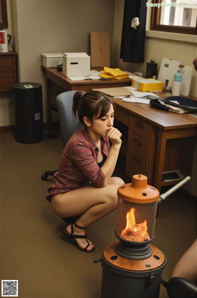 A woman sitting on the floor next to a stove.