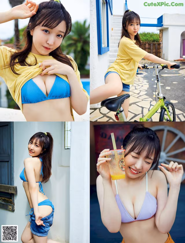 A woman in a bikini holding a drink and a bike.