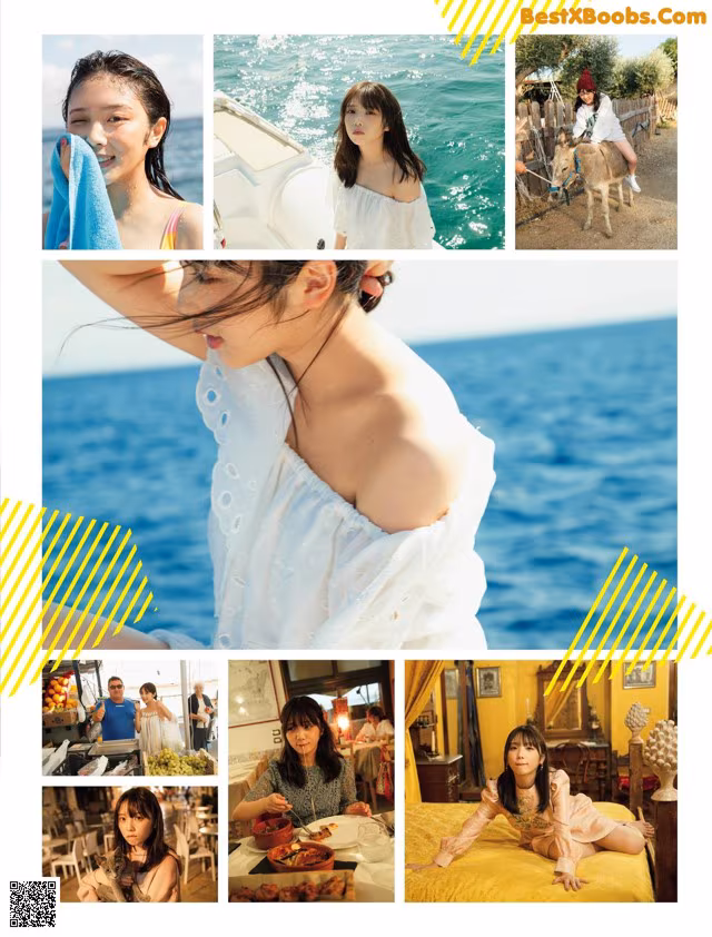 A collage of photos of a woman in a white dress.