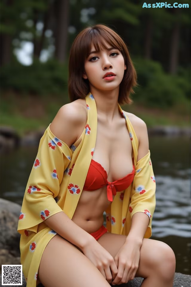 A woman in a yellow kimono sitting on a rock by the water.