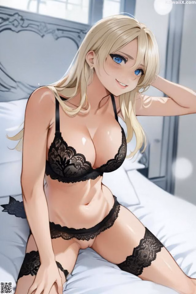 A woman in a black lingerie sitting on a bed.