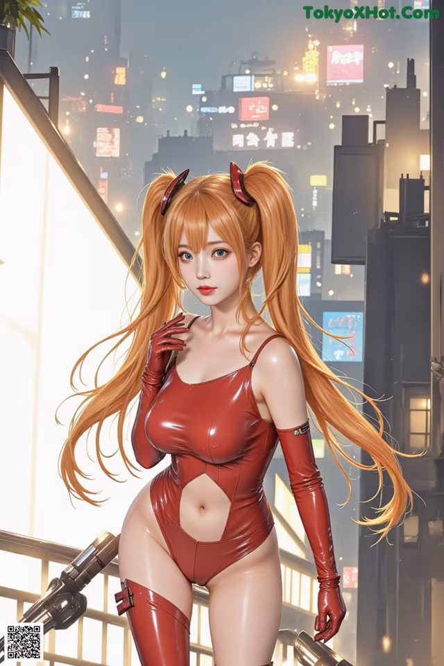 A woman in a red latex outfit holding a gun.