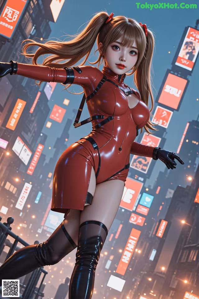 A woman in a red latex outfit standing in the middle of a city.