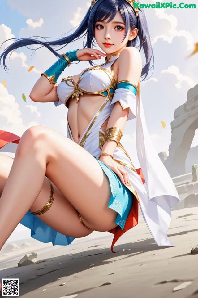 A woman in a white and blue outfit sitting on the ground.
