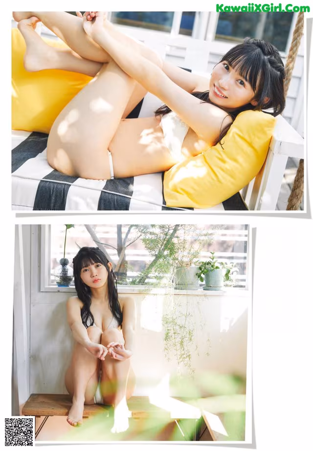 A woman in a white bikini sitting on a yellow pillow.