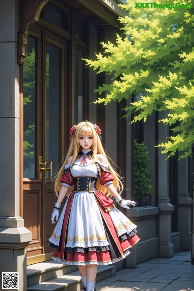 A woman in a dress standing in front of a building.