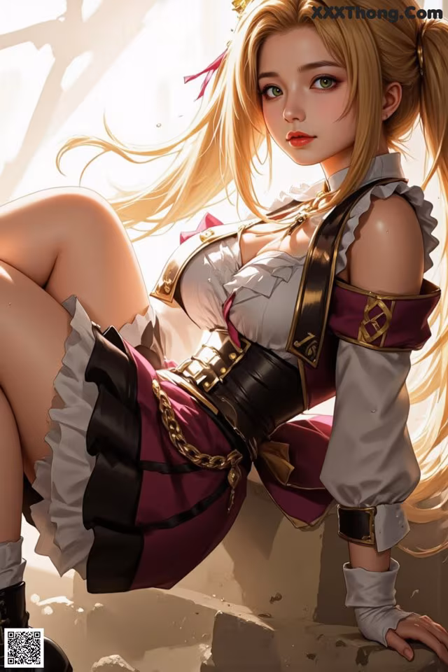 A woman with long blonde hair sitting on a ledge.