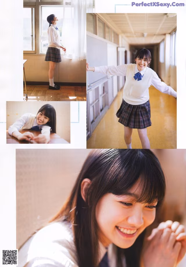 A collage of photos of a girl in a school uniform.