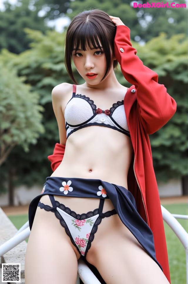 A woman in a red jacket and black and white lingerie posing for a picture.
