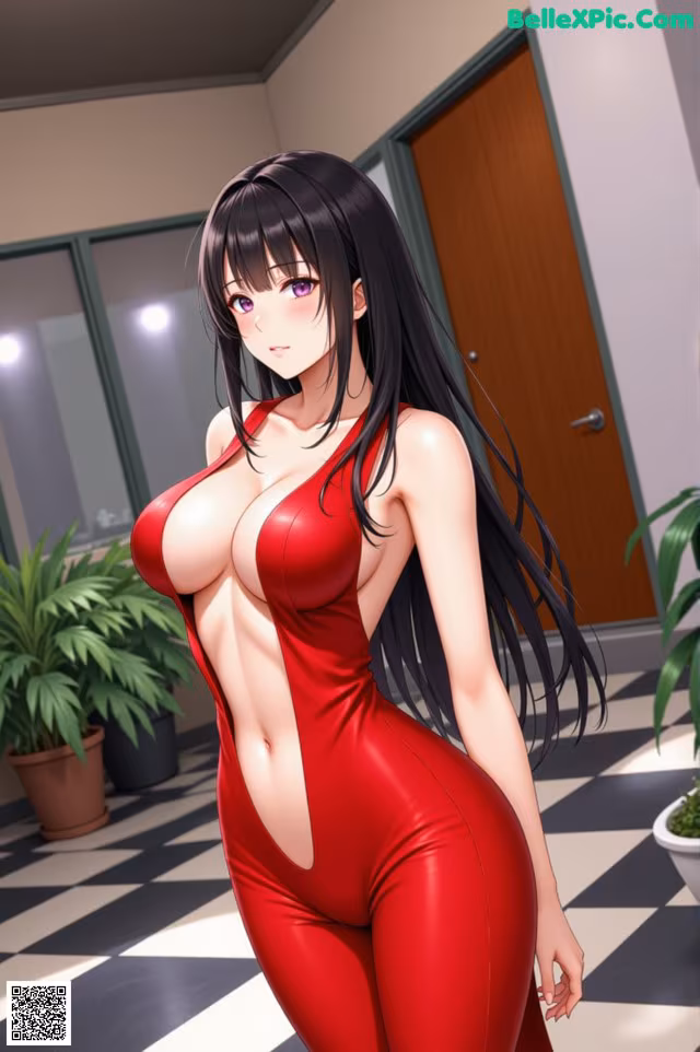 A woman in a red jumpsuit posing for the camera.