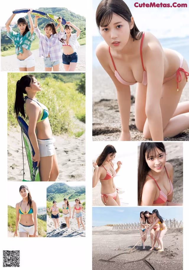 A group of young women in bikinis on a beach.