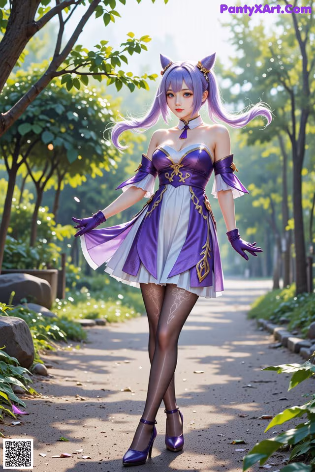 A woman in a purple and white dress is walking down a path.