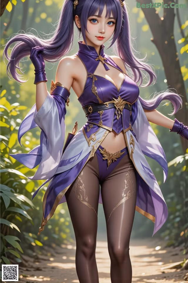 A woman in a purple outfit is standing in the woods.