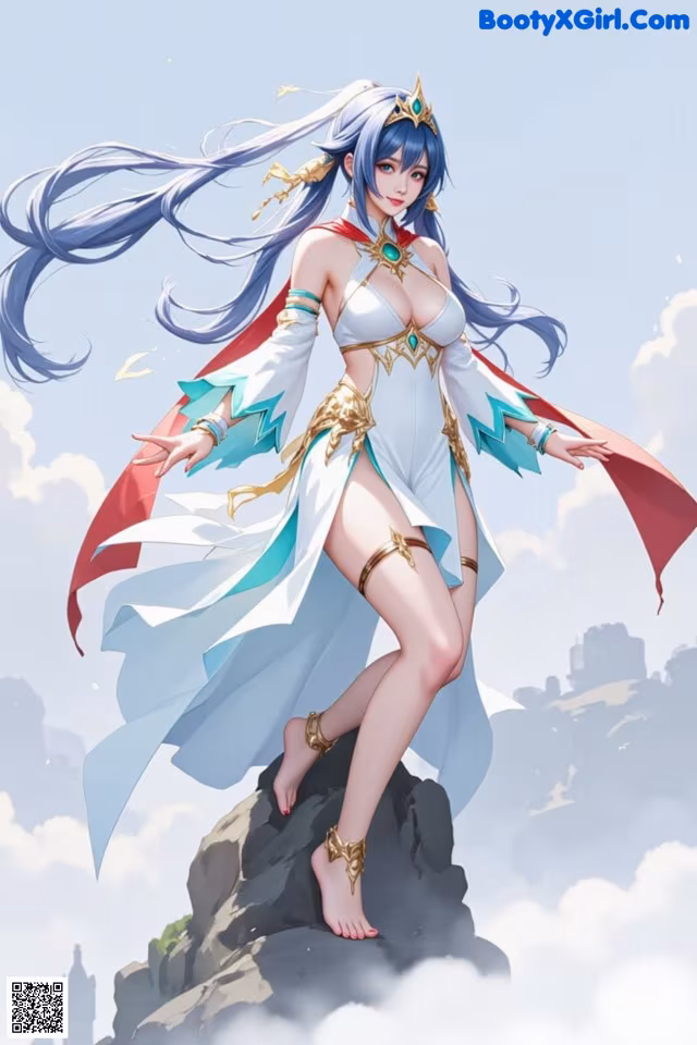 A woman in a white dress standing on top of a rock.
