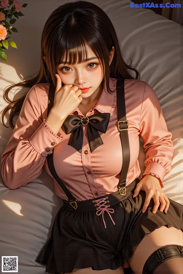 A woman in a pink shirt and black skirt sitting on a bed.