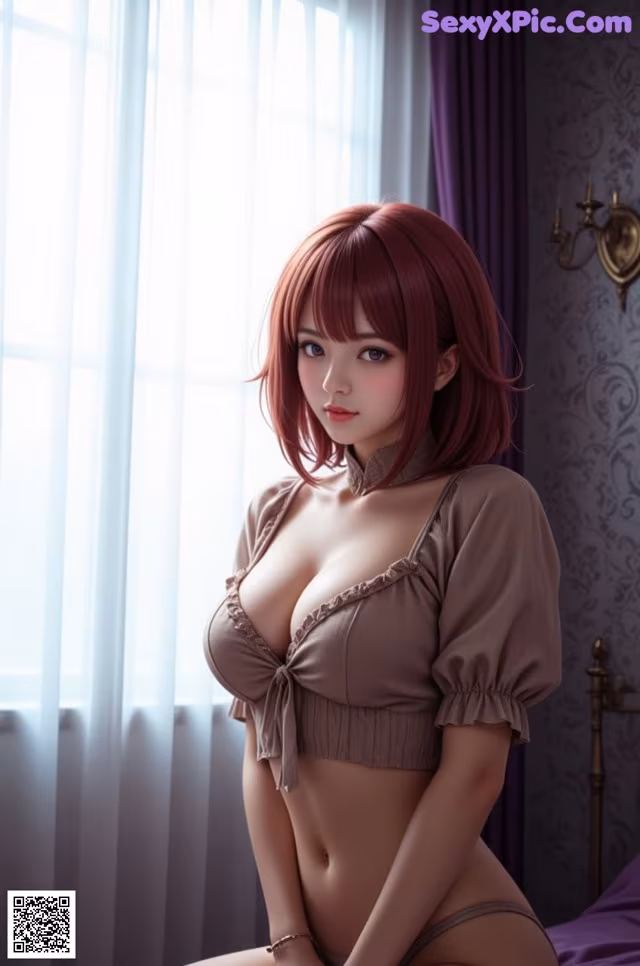 A woman in lingerie sitting on a bed next to a window.