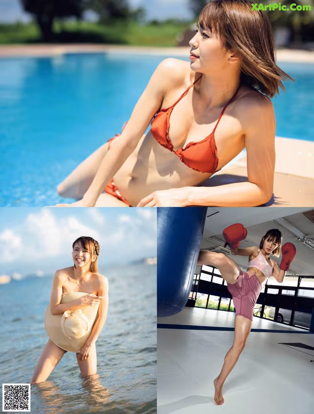A woman in a bikini and boxing gloves in the water.